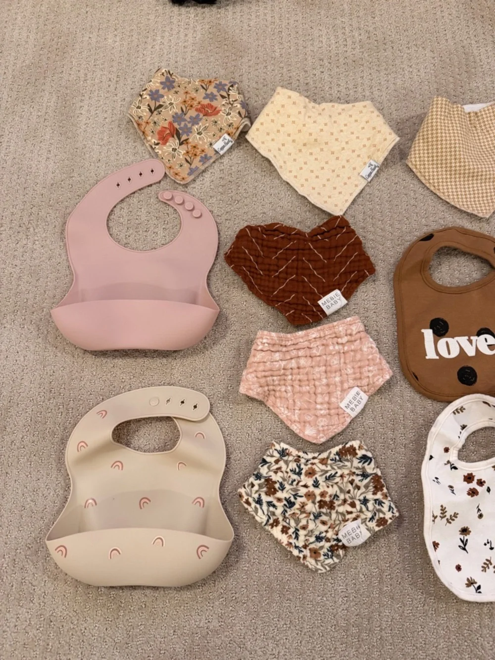 Assorted Baby Bib & Silicone Bib Set - Pink, Beige, Brown, Floral